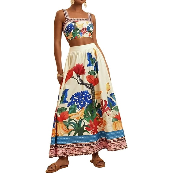 Womens Printed Skirt Outfits Floral Halter Crop Top A Line Maxi Skirt Casual Going Out Sets White XL