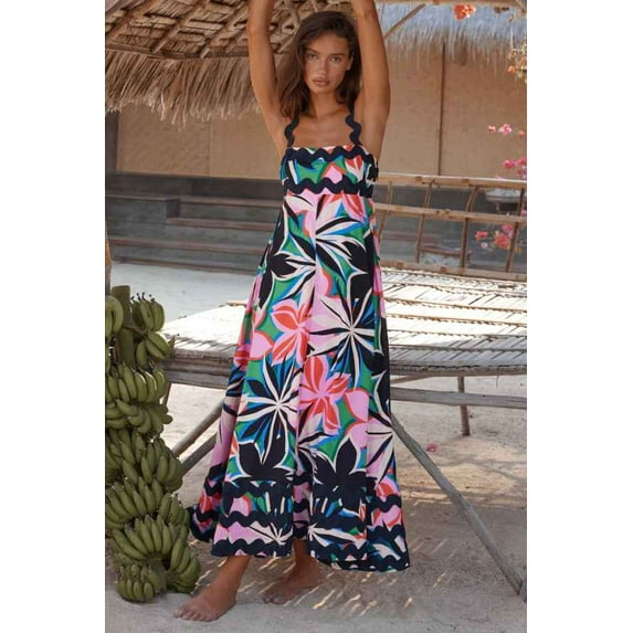 Womens Printed Square Neck Wave Detail Sleeveless Maxi Dress (XL, MultiPurple)