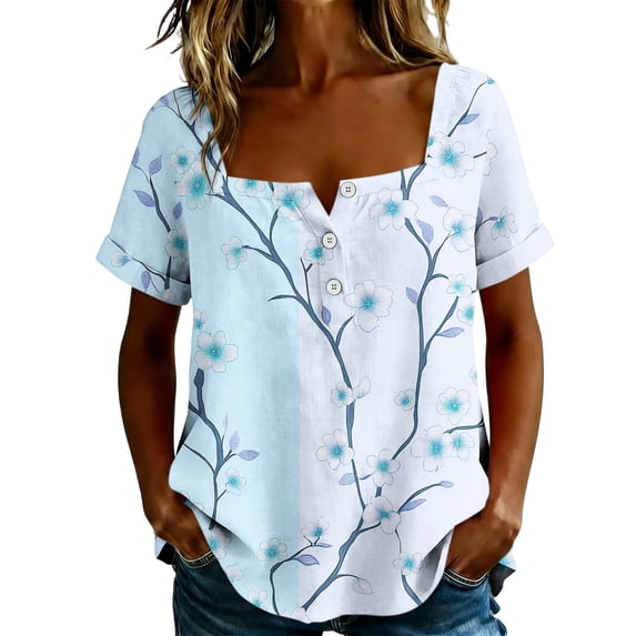 Womens Printed Summer Tops Short Sleeve Roll On Square Neck Button Up Fashion Casual Loose Fit Blouses (2XL, Sky Blue)