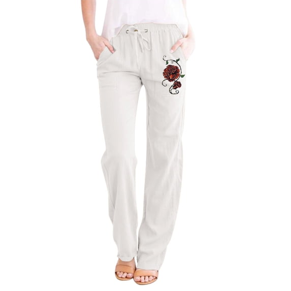 Womens Printing Casual Pants With Pockets Loose Elastic High Waist Straight Leg Baggy Pants Linen Sweatpants Bottoms Trousers Sports