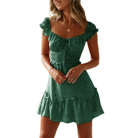 Womens Printing Cute Beac Dress Summer Short Sleeve Ruffle Mini Dress
