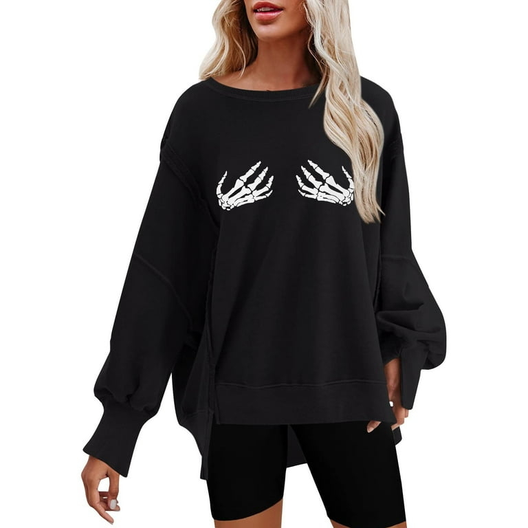 Womens Printing Halloween Oversized Crewneck Solid Color Sweatshirt Side Slit Long Sleeve Pullover Slouchy Fit Tops Walmart