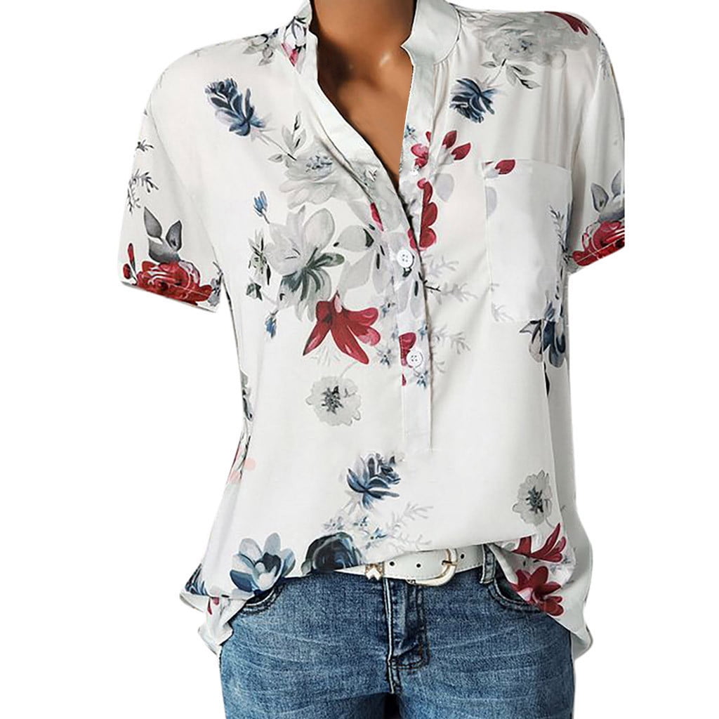 Womens Printing Pocket Short Sleeve Blouse - Walmart.com