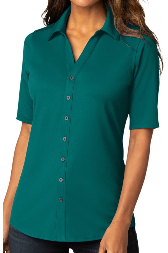 Womens Professional Button-Down Stretch Shirt, Large Dark Teal