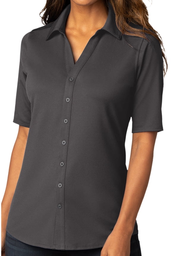 Womens Professional Button-Down Stretch Shirt, Large Graphite Gray