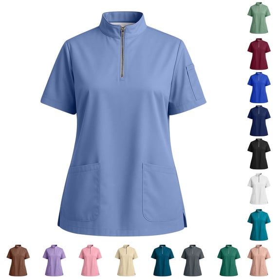 Womens Professional Medical Scrub Top with Zipper Collar and Functional Pockets Blue XL