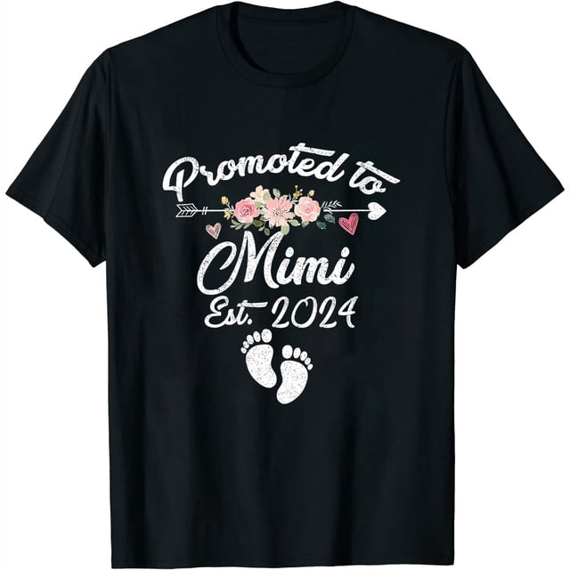 Womens Promoted To Mimi Est 2024 Floral Pregnancy Announcement Round Neck T-Shirt Black ...