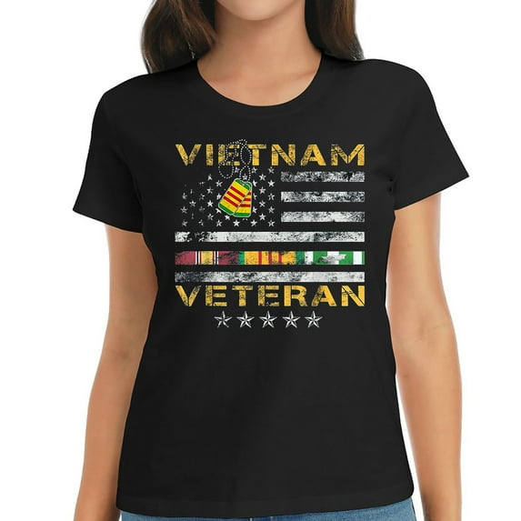 Womens Proud Vietnam Veteran American Flag Shirt Vietnam War Vet T-Shirt Black