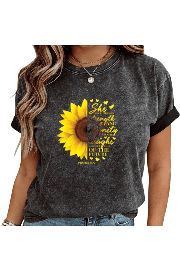 Womens Proverbs 31:25 Sunflower Print Tshirt Graphic Tees Shirts Washed Charcoal Christian Faith Casual Daily Wear Gift Tops S-2XL