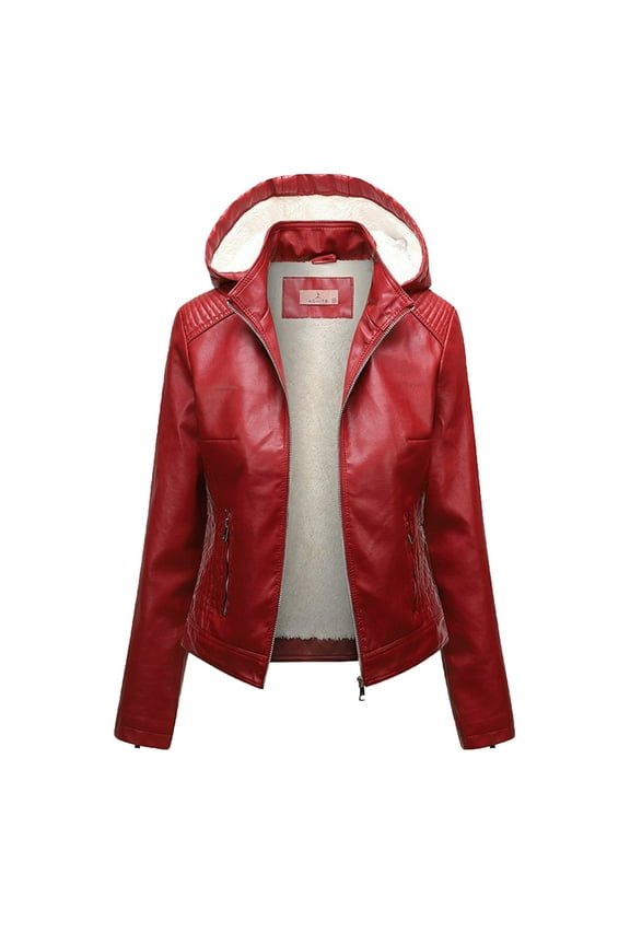 Womens Pu Leather Jacket Detachable Hood Motorcycle Jacket Fleece Lined Winter Coats Fall Fashion Jackets Dressy Bomber Jackets