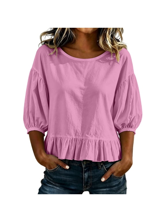 Womens Puff Elbow Sleeve Babydoll Shirts Casual Loose Fit Crewneck Wave Hem Tee Lightweight Tie Plain Outdoor Blouse 2026