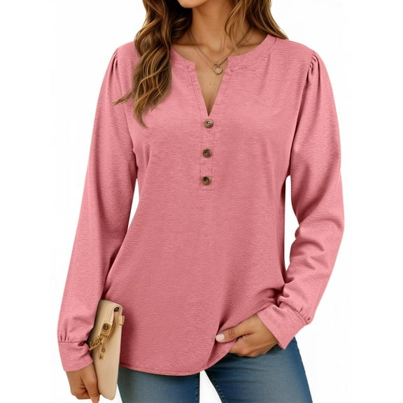 Womens Puff Long Sleeve Henley Shirts Trendy Casual V Neck Button Up Tunic Tops Loose Fit Basic Tees