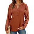 thumbnail image 1 of Womens Puff Long Sleeve Henley Shirts Trendy Casual V Neck Button Up Tunic Tops Loose Fit Basic Tees, 1 of 6