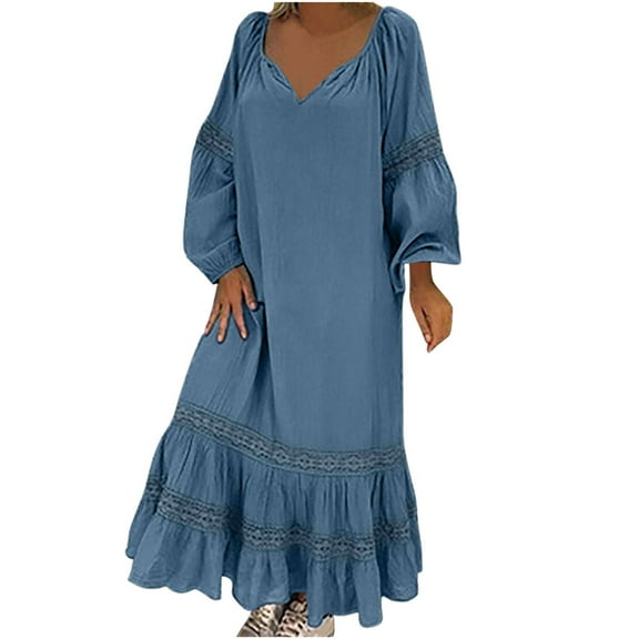 Womens Puff Long Sleeve Lace Hollow Out Maxi Dress V Neck Loose Flowy Ruffle Long Maxi Dress Solid Color Fall Dress