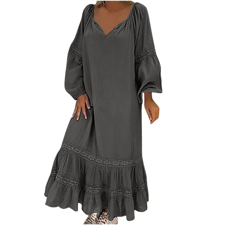 Womens Puff Long Sleeve Lace Hollow Out Maxi Dress V Neck Loose Flowy  Ruffle Long Maxi Dress Solid Color Fall Dress - Walmart.com