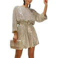thumbnail image 1 of Womens Puff Long Sleeve Sparkly Glitter Sequins Loose Mini Short Dress with Belt, 1 of 15
