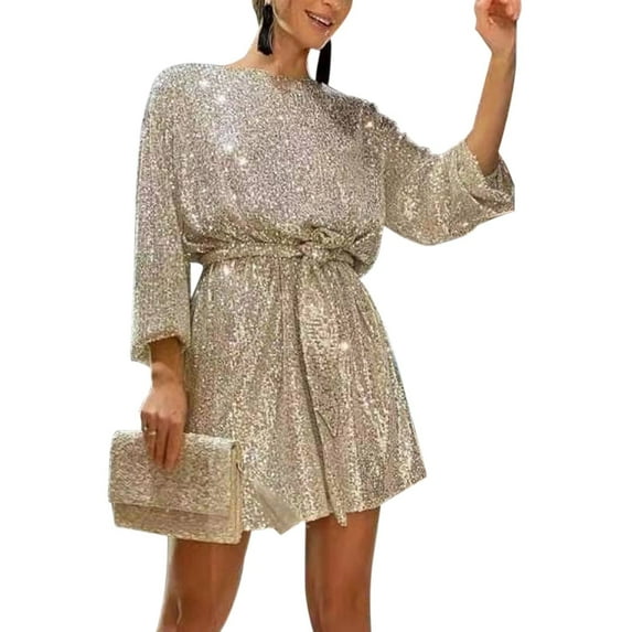 Womens Puff Long Sleeve Sparkly Glitter Sequins Loose Mini Short Dress with Belt