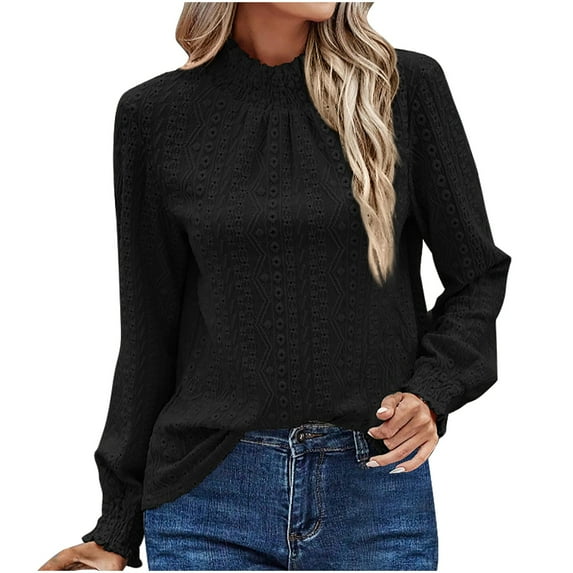Womens Puff Long Sleeve Top Eyelet Embroidered Shirt Hollow Out Lace Blouses Fashion Fall Loose Mock Neck Basic Tee (Black 2XL)
