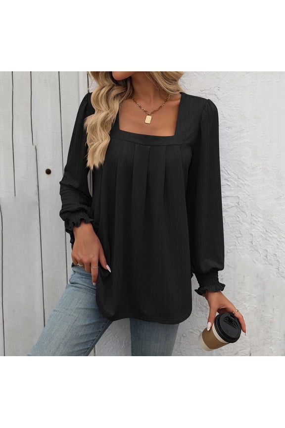Womens Puff Long Sleeve Tops Square Neck Shirts Pleated Solid Color Blouses Summer Loose Casual Basic Tee (Black M)