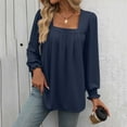 thumbnail image 1 of Womens Puff Long Sleeve Tops Square Neck Shirts Pleated Solid Color Blouses Summer Loose Casual Basic Tee (Navy L), 1 of 6