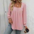 thumbnail image 1 of Womens Puff Long Sleeve Tops Square Neck Shirts Pleated Solid Color Blouses Summer Loose Casual Basic Tee (Pink L), 1 of 6