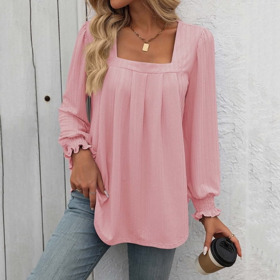 Womens Puff Long Sleeve Tops Square Neck Shirts Pleated Solid Color Blouses Summer Loose Casual Basic Tee (Pink L)