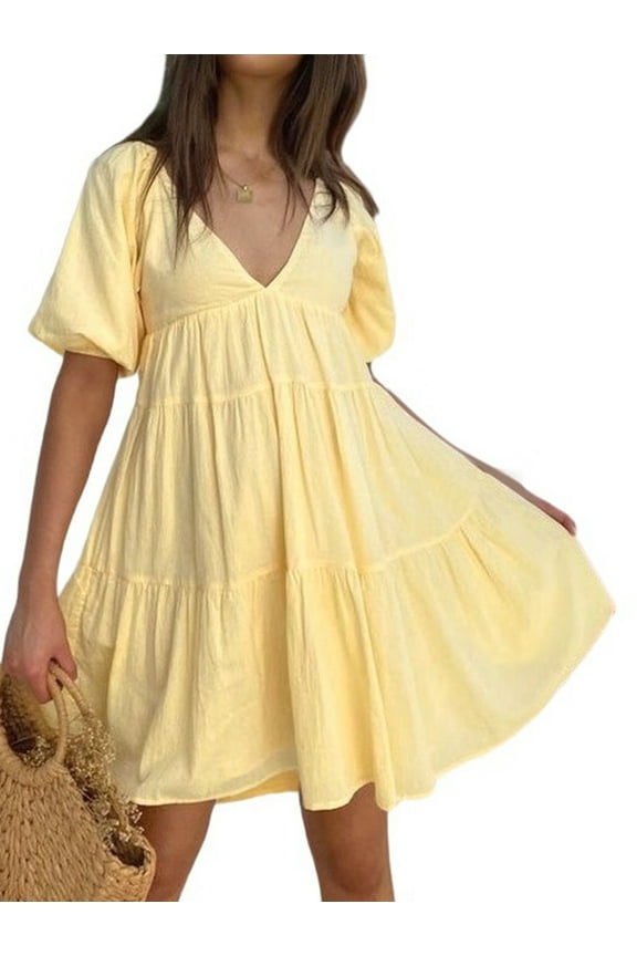 Womens Puff Short Sleeve Mini Dress Flowy Y2k Ruffle Lace Trim Babydoll Tie Front Embroidered A Line Dresses Yellow L