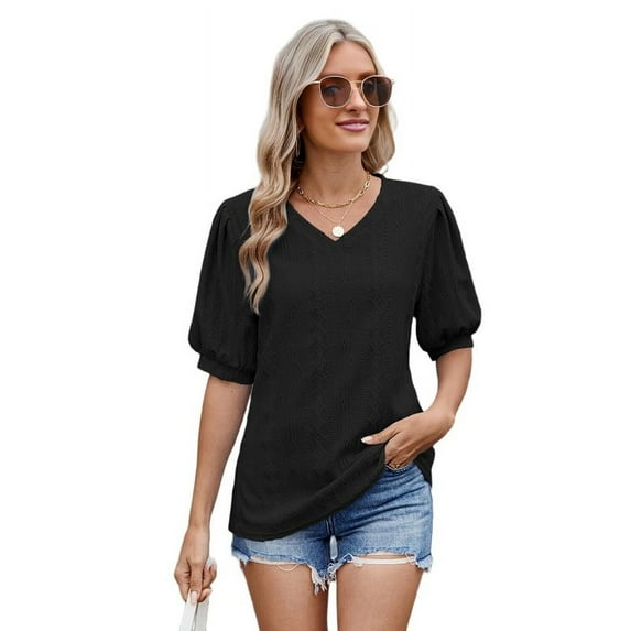 Womens Puff Short Sleeve Shirt Summer Tops Black XXL