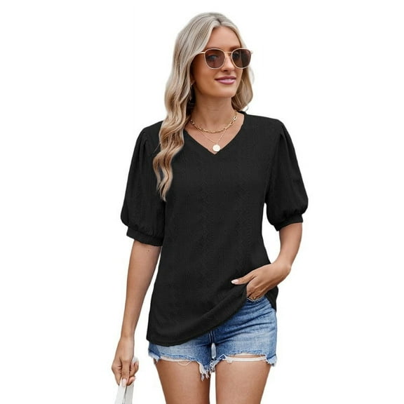 Womens Puff Short Sleeve Shirt Summer Tops V Neck Casual T Shirts Loose Fit Blouses Black M