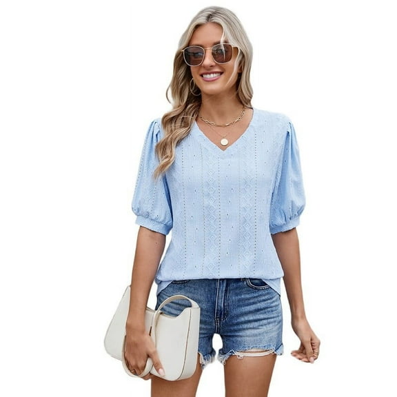 Womens Puff Short Sleeve Shirt Summer Tops V Neck Casual T Shirts Loose Fit Blouses Light Blue XL