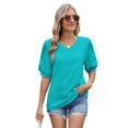 thumbnail image 1 of Womens Puff Short Sleeve Shirt Summer Tops V Neck Casual T Shirts Loose Fit Blouses Green L, 1 of 6