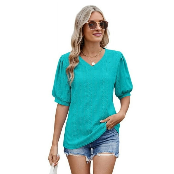 Womens Puff Short Sleeve Shirt Summer Tops V Neck Casual T Shirts Loose Fit Blouses Green XL