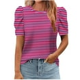 thumbnail image 1 of Womens Puff Short Sleeve Shirts, Summer Tops for Women Fashion Loose Fit Striped Printed Crewneck T-Shirts, 1 of 4