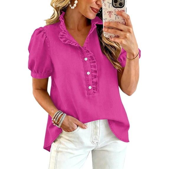 Womens Puff Short Sleeve Summer Shirts Striped Plaid Ruffle V Neck Button Down Tops Business Casual Work Blouses