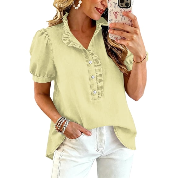 Womens Puff Short Sleeve Summer Shirts Striped Plaid Ruffle V Neck Button Down Tops Business Casual Work Blouses