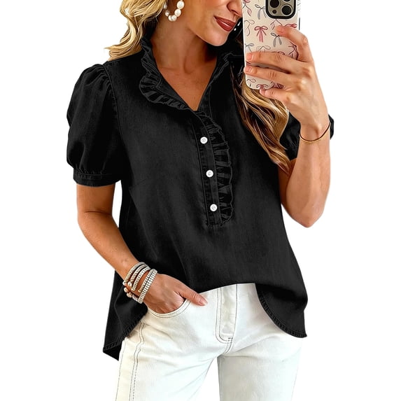 Womens Puff Short Sleeve Summer Shirts Striped Plaid Ruffle V Neck Button Down Tops Business Casual Work Blouses