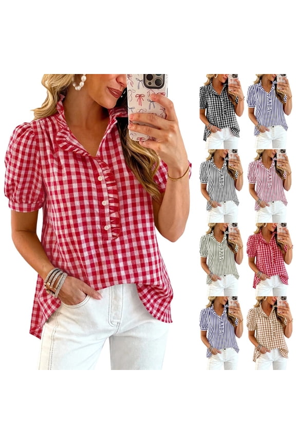 Womens Puff Short Sleeve Summer Tops Striped Plaid Ruffle V Neck Button Down Shirts Business Casual Work Blouses 13# Red M