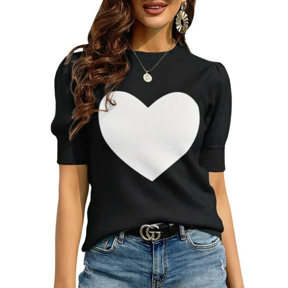 Womens Puff Short Sleeve Sweater Casual Summer Crew Neck Pullover Tops Ribbed Knit Sweater Blouse Black L