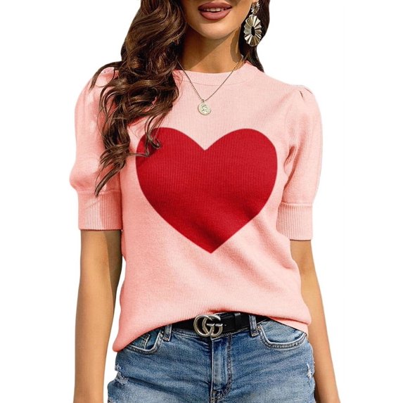 Womens Puff Short Sleeve Sweater Casual Summer Crew Neck Pullover Tops Ribbed Knit Sweater Blouse Pink L