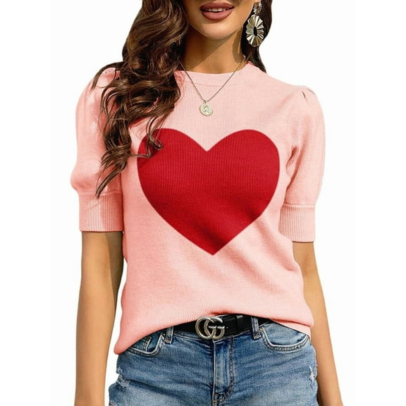 Womens Puff Short Sleeve Sweater Casual Summer Crew Neck Pullover Tops Ribbed Knit Sweater Blouse Pink L