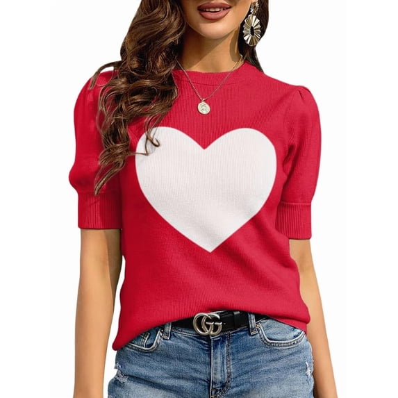 Womens Puff Short Sleeve Sweater Casual Summer Crew Neck Pullover Tops Ribbed Knit Sweater Blouse Red L