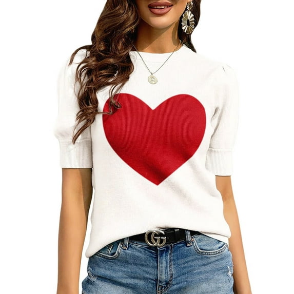 Womens Puff Short Sleeve Sweater Casual Summer Crew Neck Pullover Tops Ribbed Knit Sweater Blouse White S