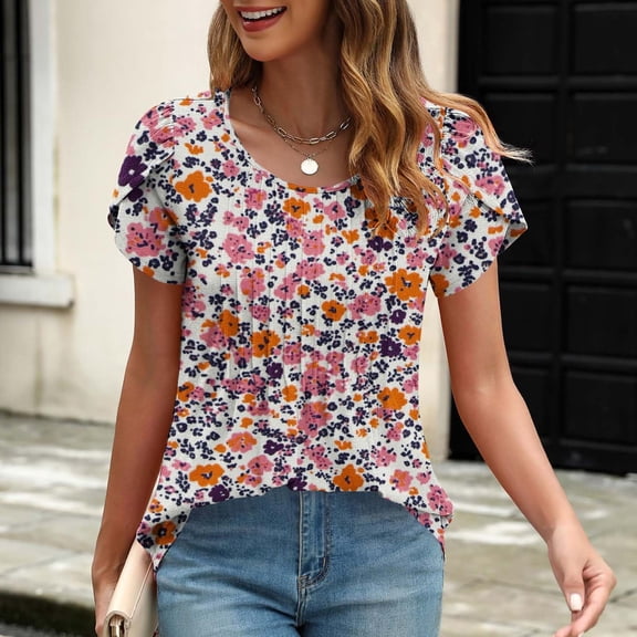 Womens Puff Short Sleeve Tshirts Floral Shirts Loose Pleated Tunic Blouses for Lady Summer Outfits