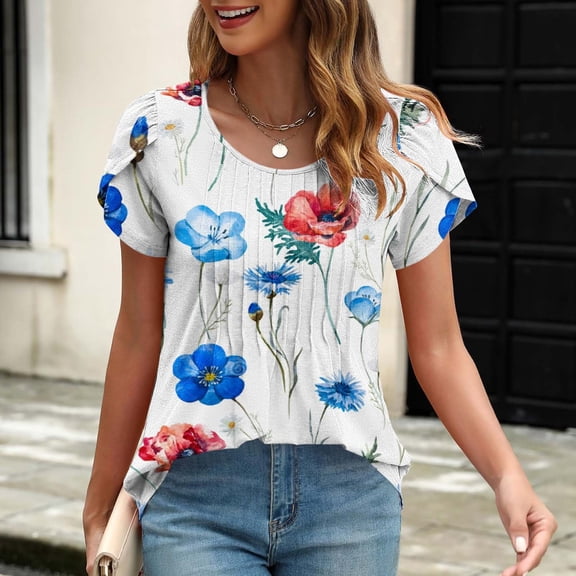 Womens Puff Short Sleeve Tshirts Floral Shirts Loose Pleated Tunic Blouses for Lady Summer Outfits