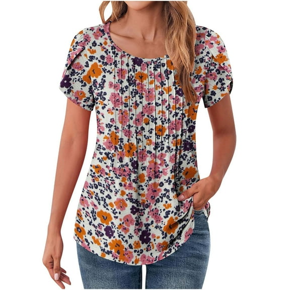 Womens Puff Short Sleeve Tshirts Floral Shirts Loose Pleated Tunic Blouses for Lady Summer Outfits