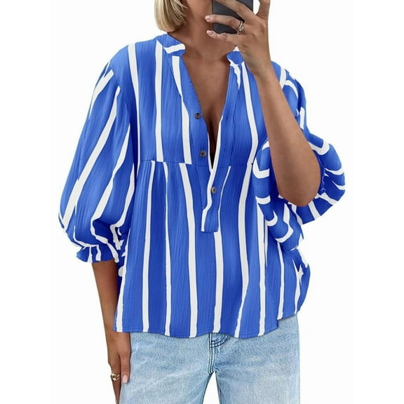 Womens Puff Sleeve Babydoll Tops Summer V Neck Striped Blouse Cute Casual Loose Fit Flowy Shirts Blue S