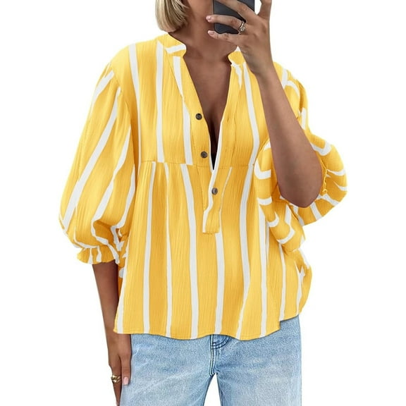 Womens Puff Sleeve Babydoll Tops Summer V Neck Striped Blouse Cute Casual Loose Fit Flowy Shirts Yellow M