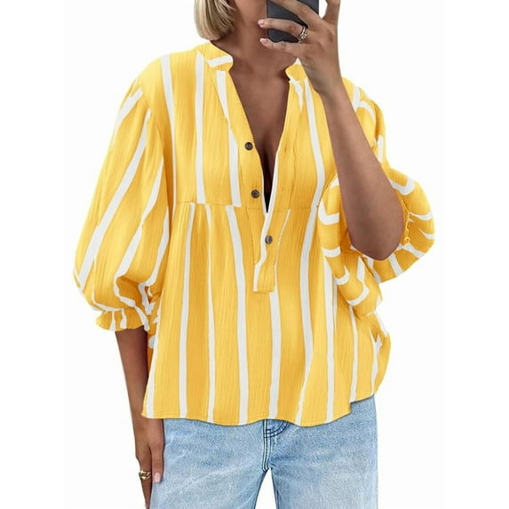Womens Puff Sleeve Babydoll Tops Summer V Neck Striped Blouse Cute Casual Loose Fit Flowy Shirts Yellow XL
