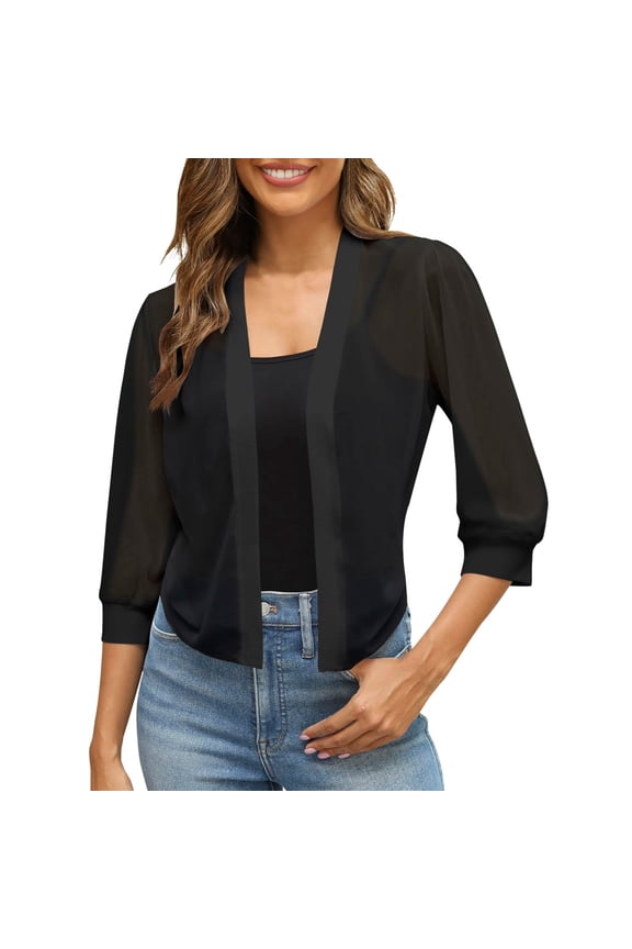 Womens Puff Sleeve Bolero Open Front Summer Cropped Sheer Jackets Cardigan Black XXXL