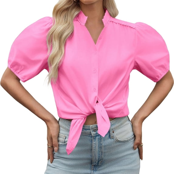 Womens Puff Sleeve Button Down Shirts Cotton Pleated Loose Fit Tops Summer Dressy Casual Blouses